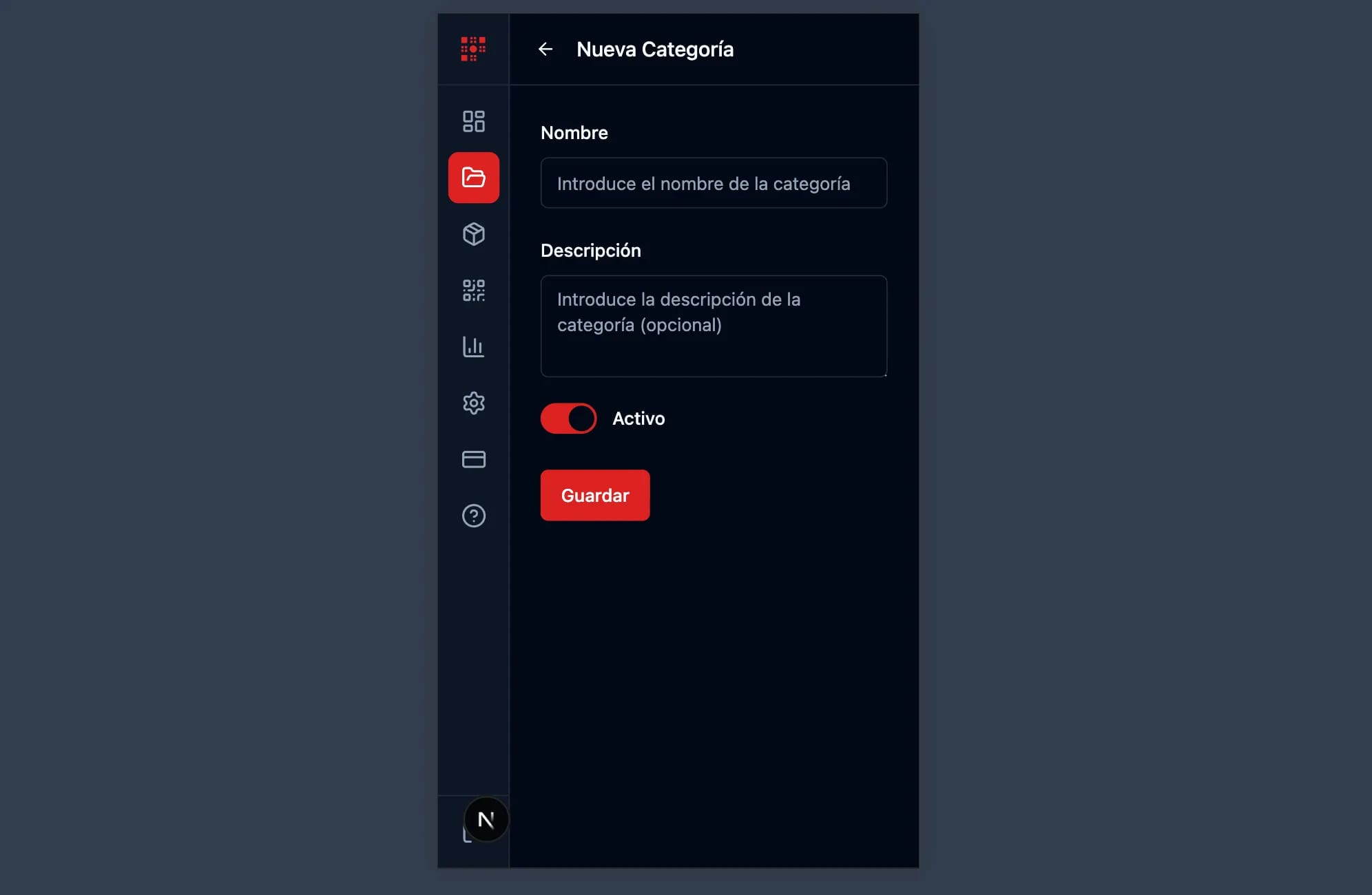 Formulario de categoría mostrando cómo hacer menú QR para restaurante