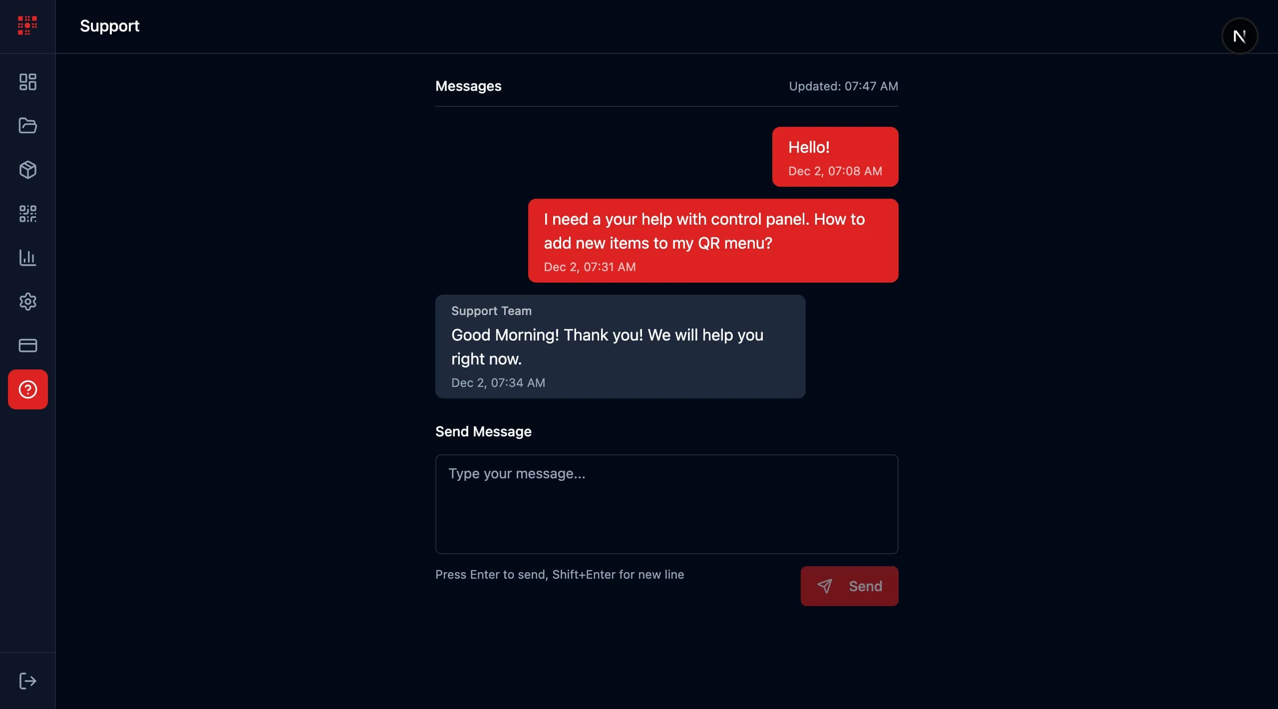 Interfaz de chat de soporte para menú QR de restaurante